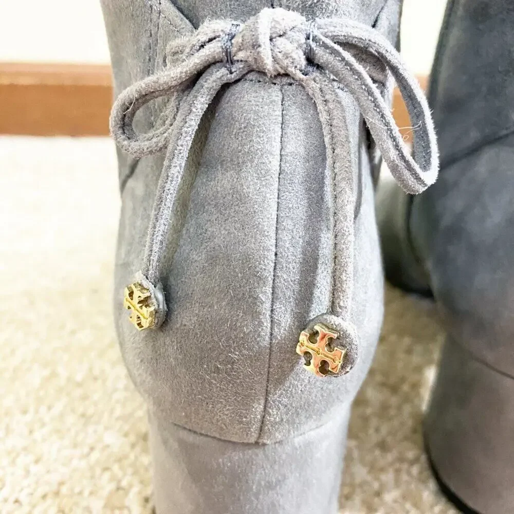 NWOB Tory Burch Gray Suede Over the Knee Boots Women's Sz 7 Side Zip Bow Detail